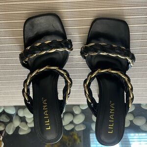 Liliana Black Faux Leather Braided Chain Strap Heeled Sandal Sz 7